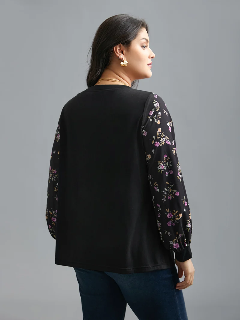 Floral Spliced Sleeve Stretchy T-Shirt