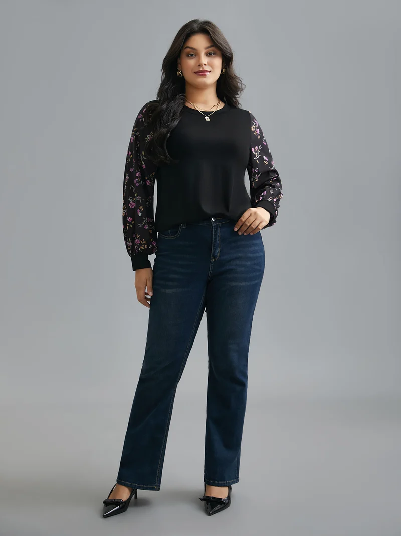 Floral Spliced Sleeve Stretchy T-Shirt