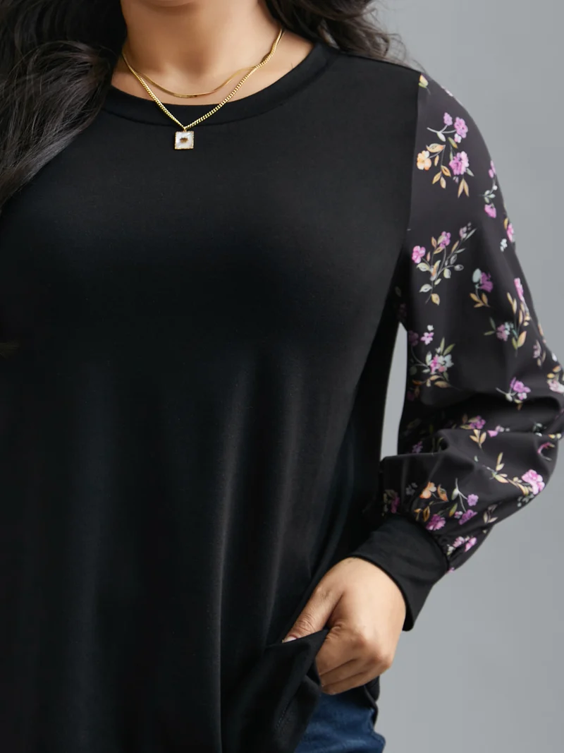 Floral Spliced Sleeve Stretchy T-Shirt