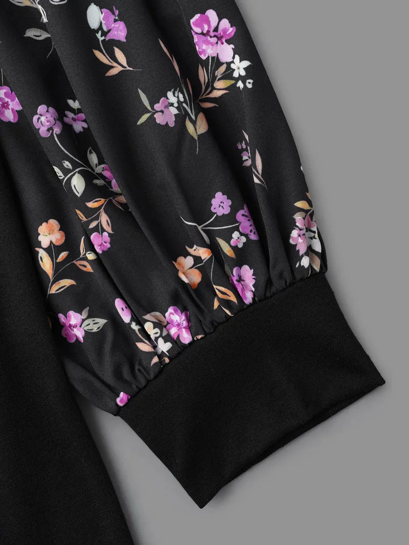 Floral Spliced Sleeve Stretchy T-Shirt