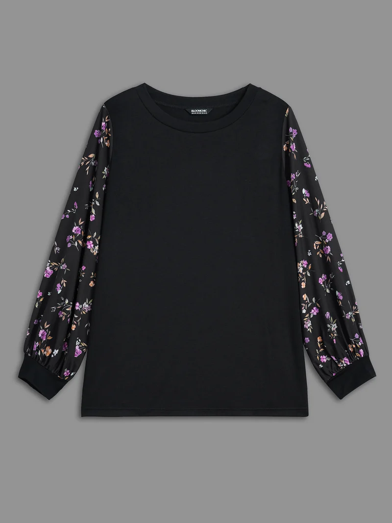 Floral Spliced Sleeve Stretchy T-Shirt