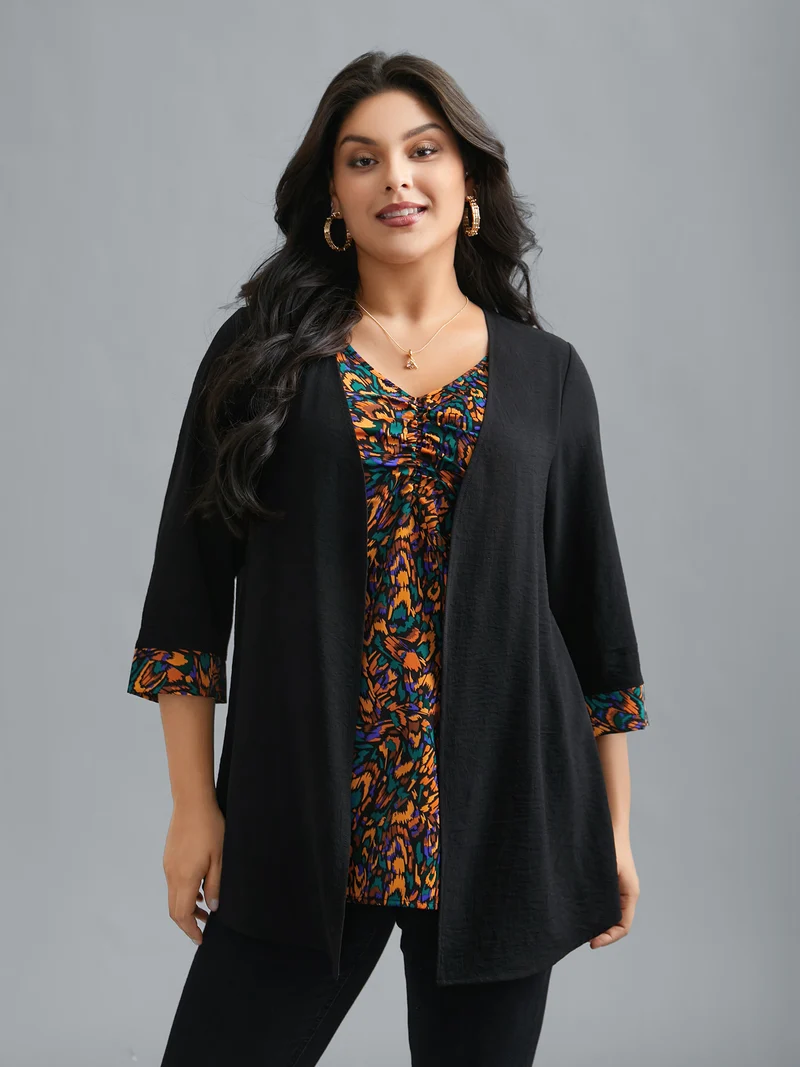 V-Neck Geometric Cardigan Combined Style Blouse