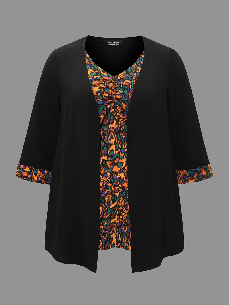 V-Neck Geometric Cardigan Combined Style Blouse