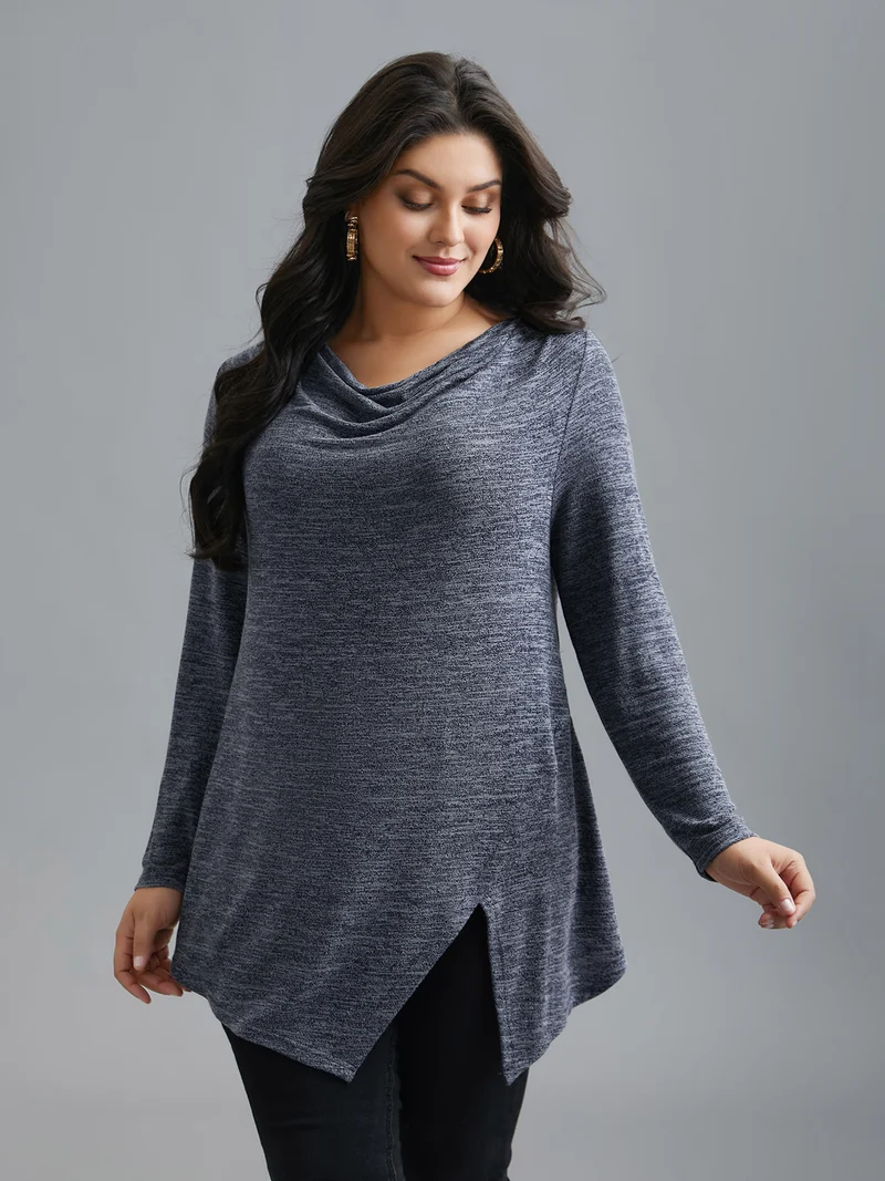 Cowl Neck Side Slit Fitted T-Shirt