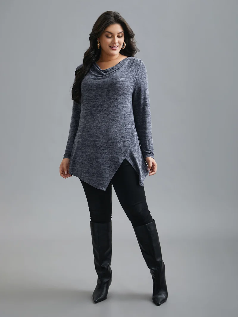Cowl Neck Side Slit Fitted T-Shirt