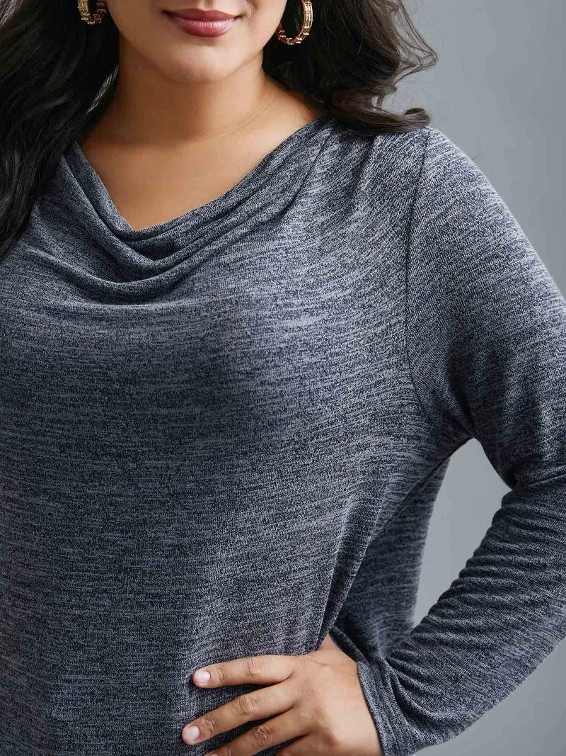 Cowl Neck Side Slit Fitted T-Shirt