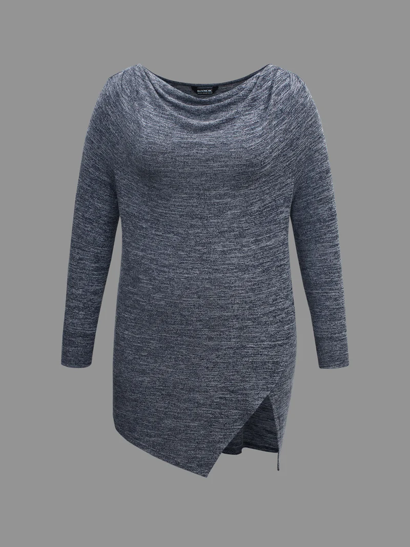 Cowl Neck Side Slit Fitted T-Shirt