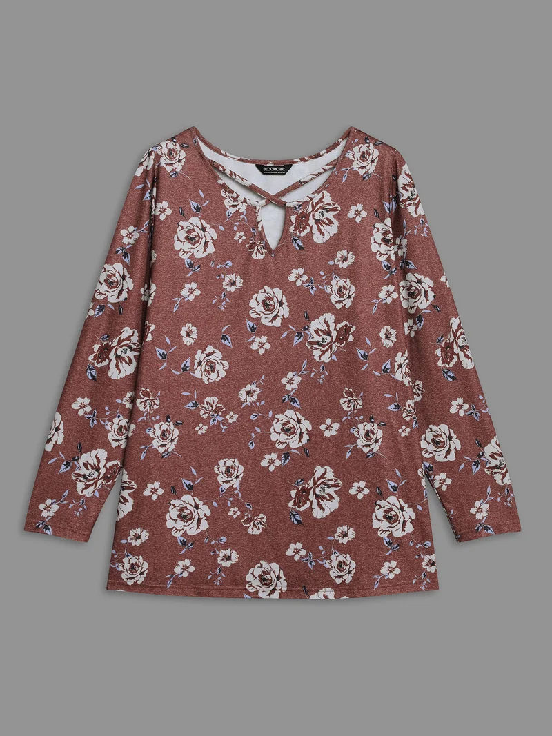 Notched Collar Floral Crisscross T-Shirt