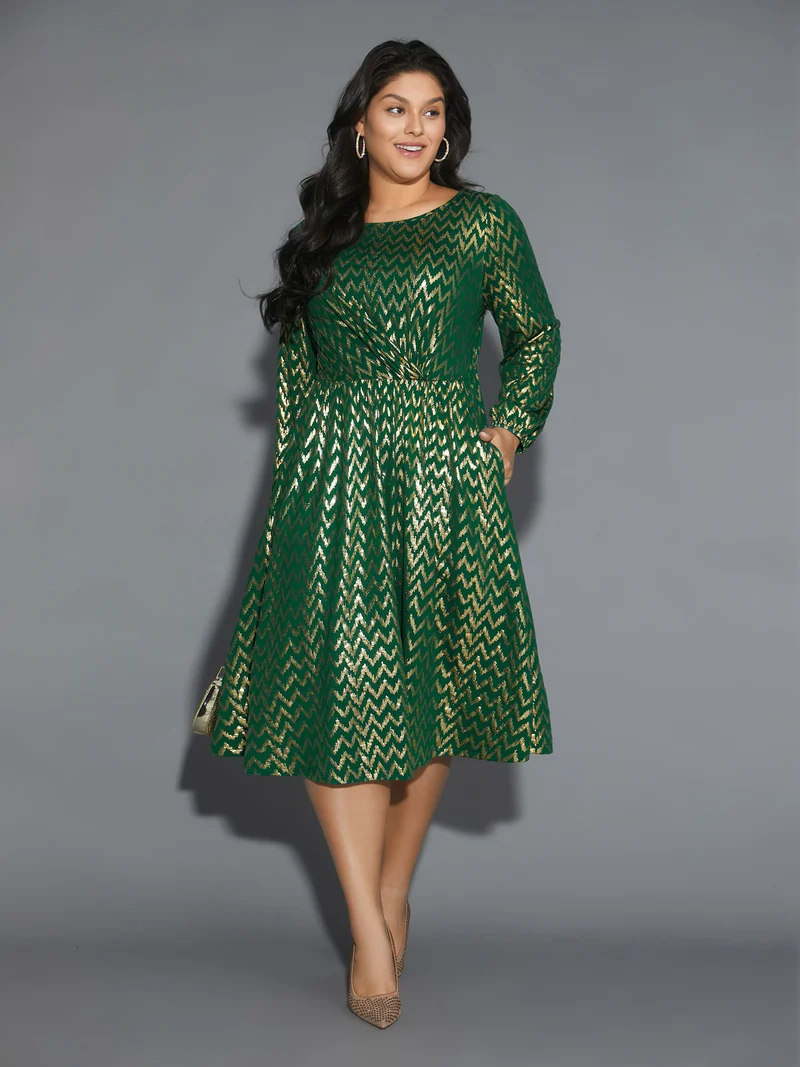 Crew Neck Glitter Geometric Gathered Dress