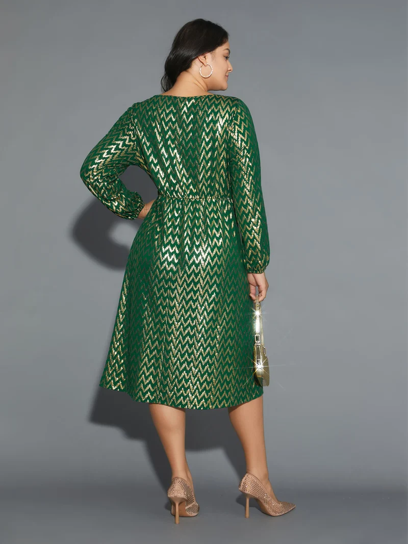 Crew Neck Glitter Geometric Gathered Dress