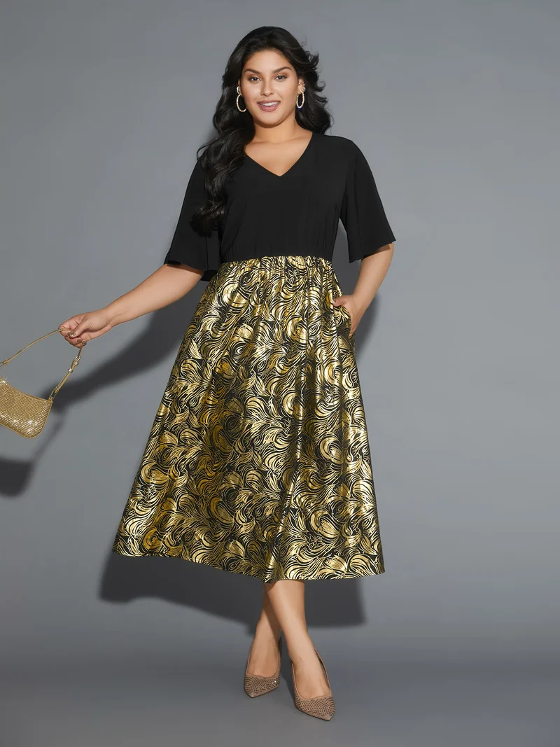 V Neck Glitter Flounce Sleeve Dress