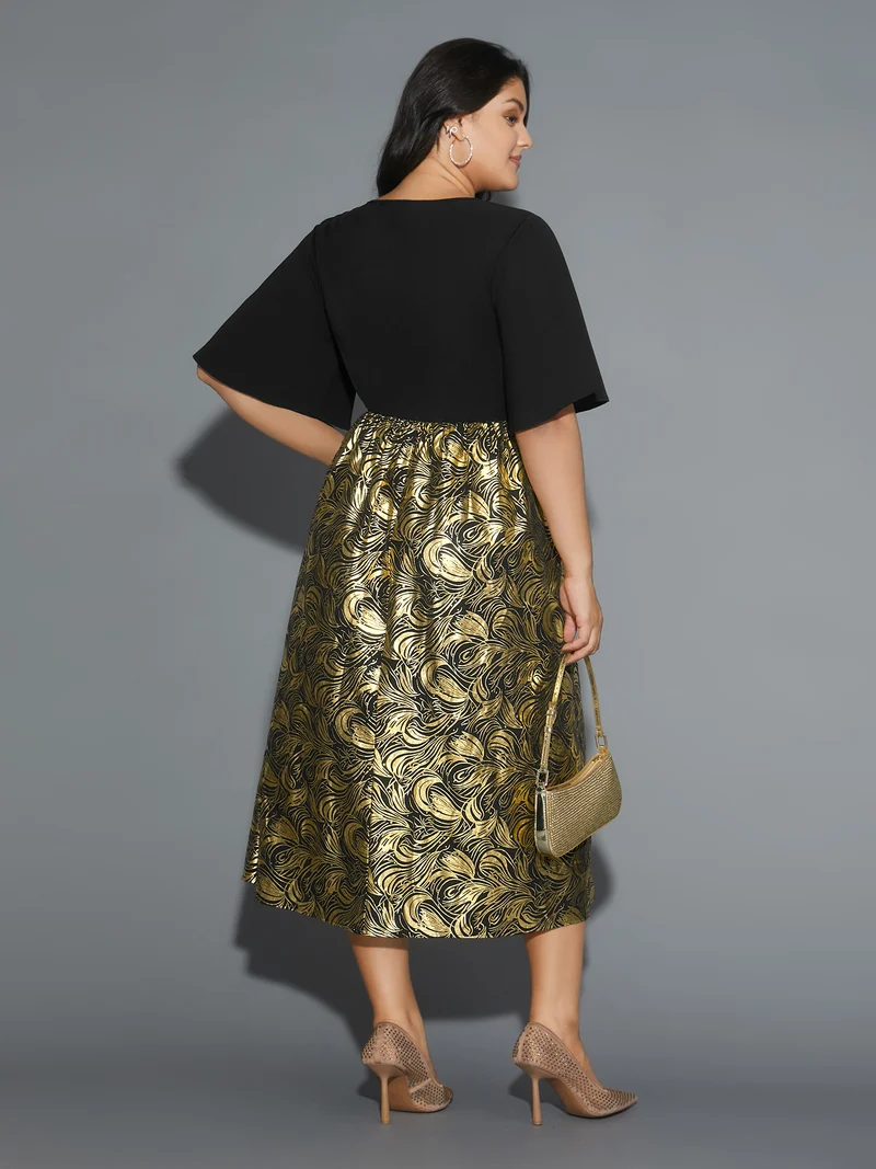 V Neck Glitter Flounce Sleeve Dress