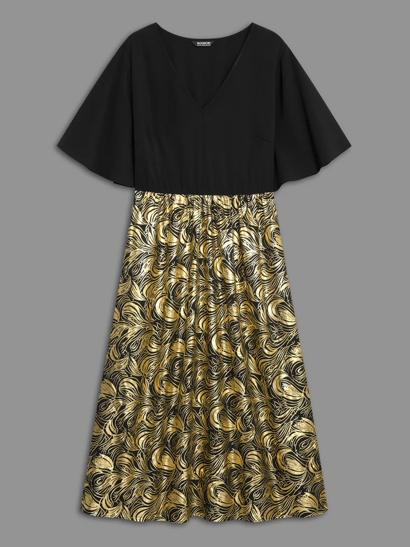 V Neck Glitter Flounce Sleeve Dress