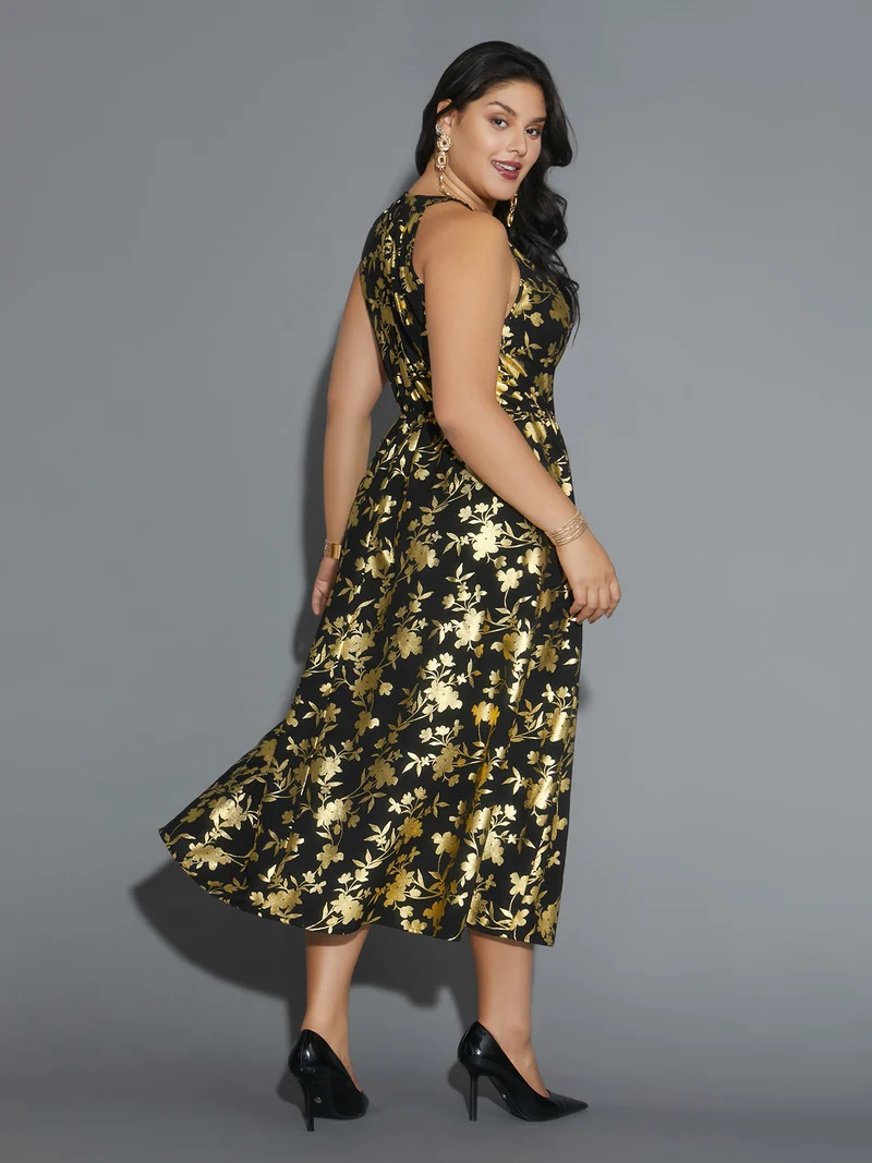 Glitter Silhouette Floral Print Sleeveless Dress