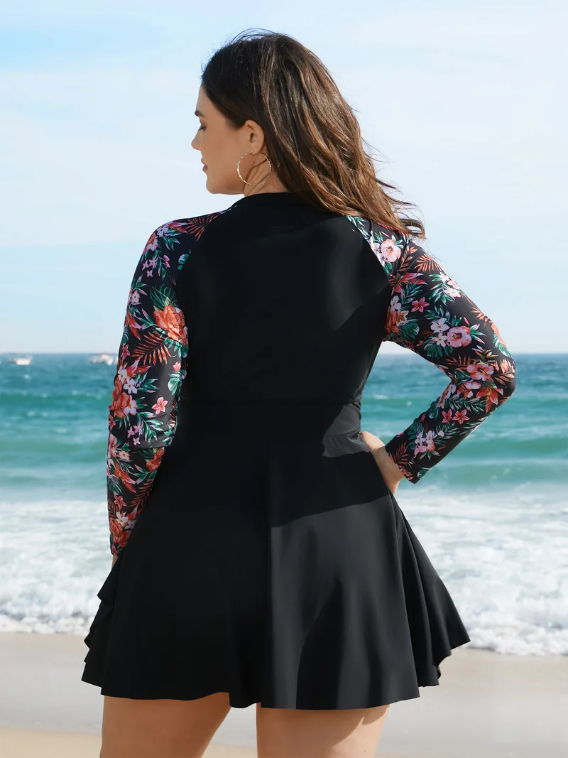 Floral Sleeve Half Zipper Swim Dress