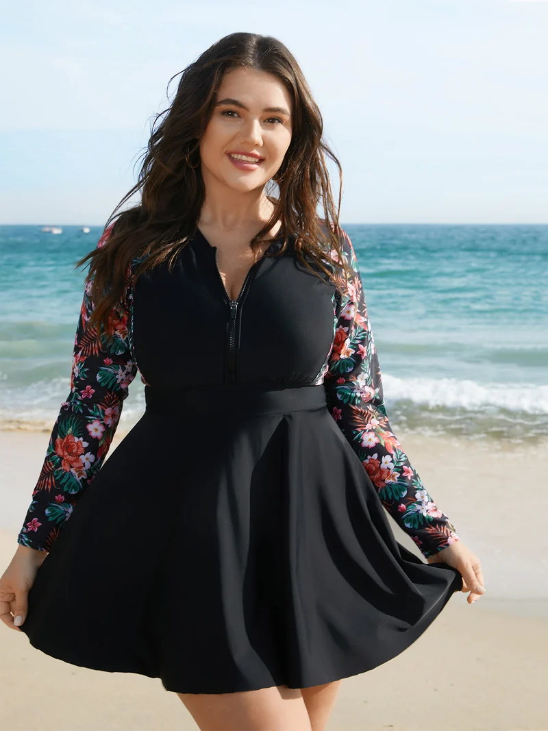 Floral Sleeve Half Zipper Swim Dress
