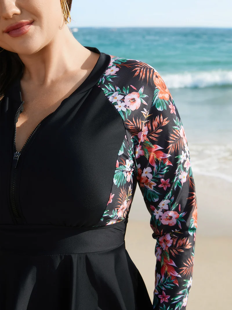 Floral Sleeve Half Zipper Swim Dress