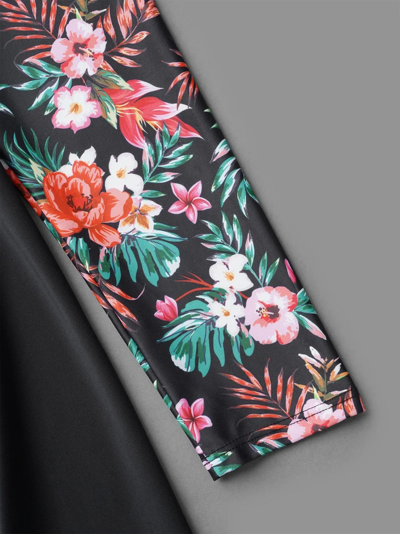 Floral Sleeve Half Zipper Swim Dress