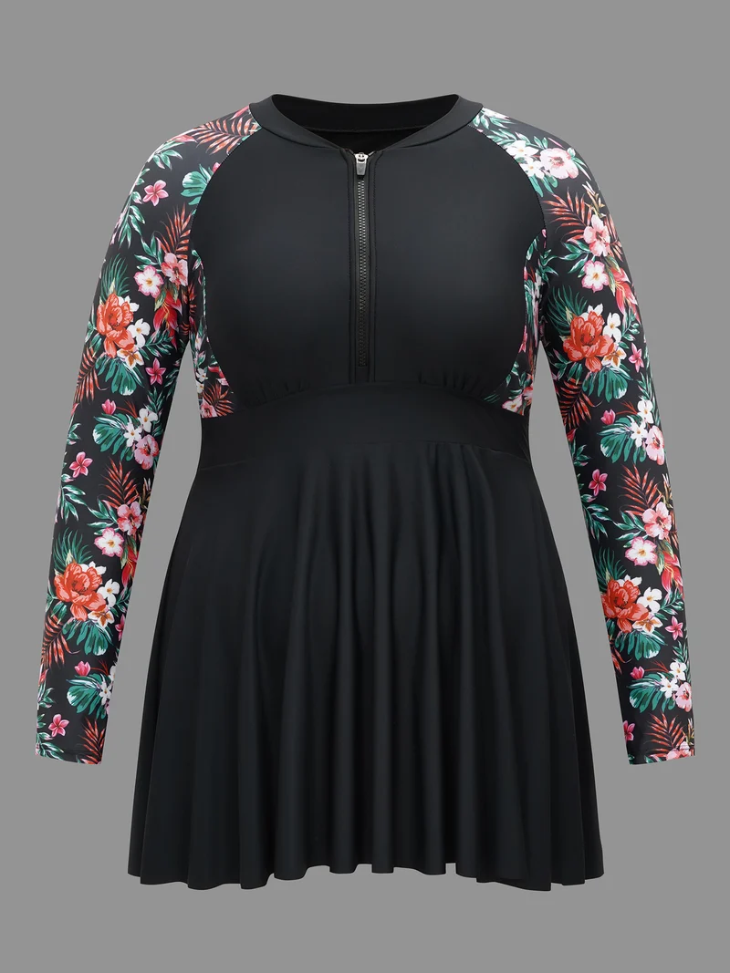 Floral Sleeve Half Zipper Swim Dress