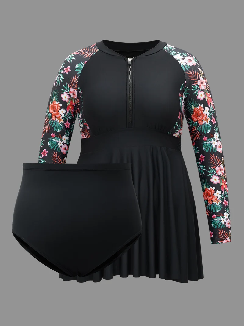 Floral Sleeve Half Zipper Swim Dress