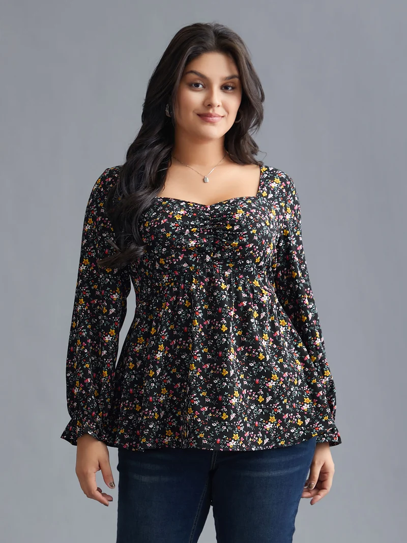 Ditsy Floral Heart Neckline Gathered Blouse