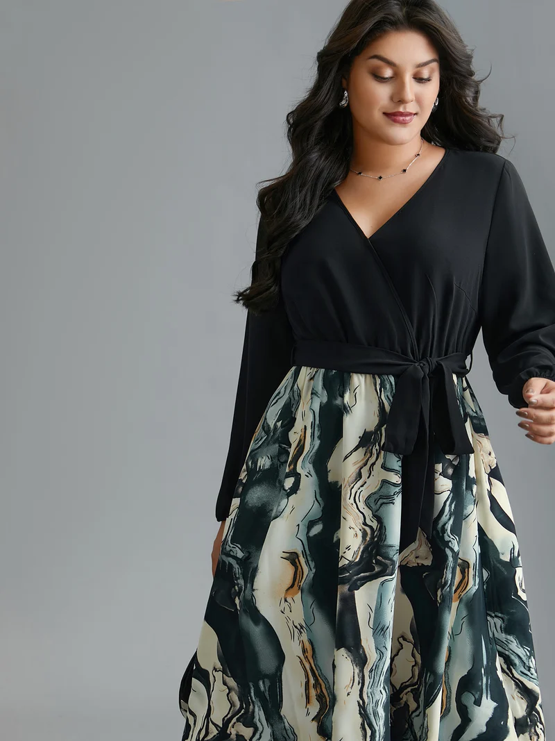 Surplice Neck Marble Print Belted Dress
