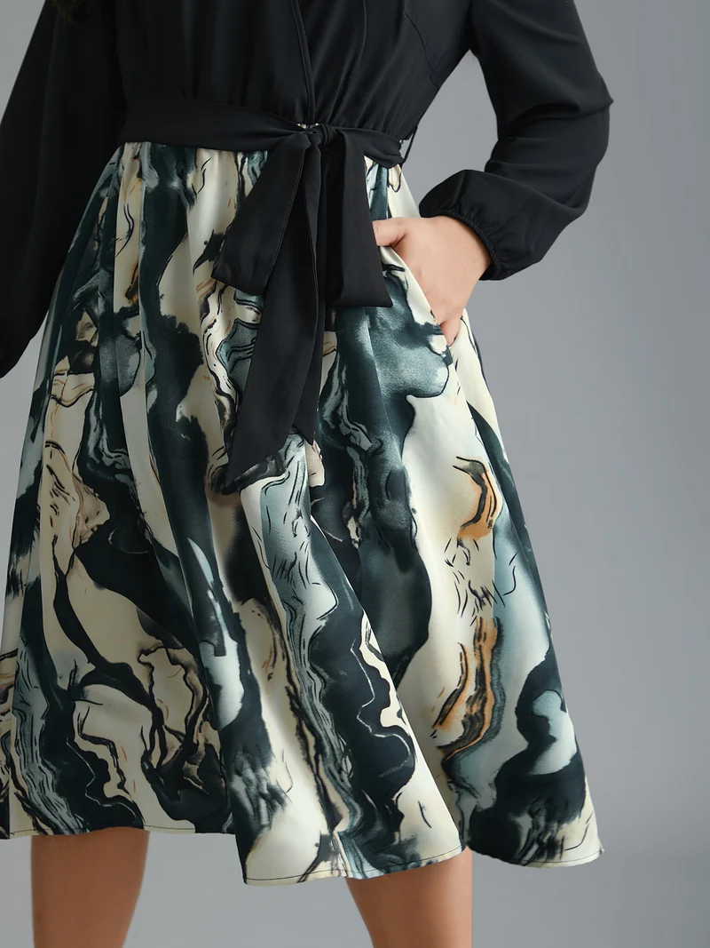 Surplice Neck Marble Print Belted Dress