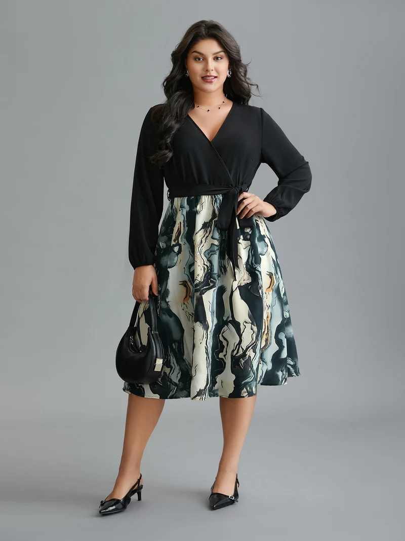 Surplice Neck Marble Print Belted Dress