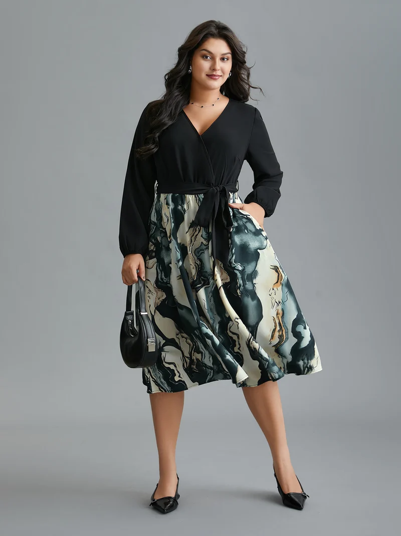 Surplice Neck Marble Print Belted Dress