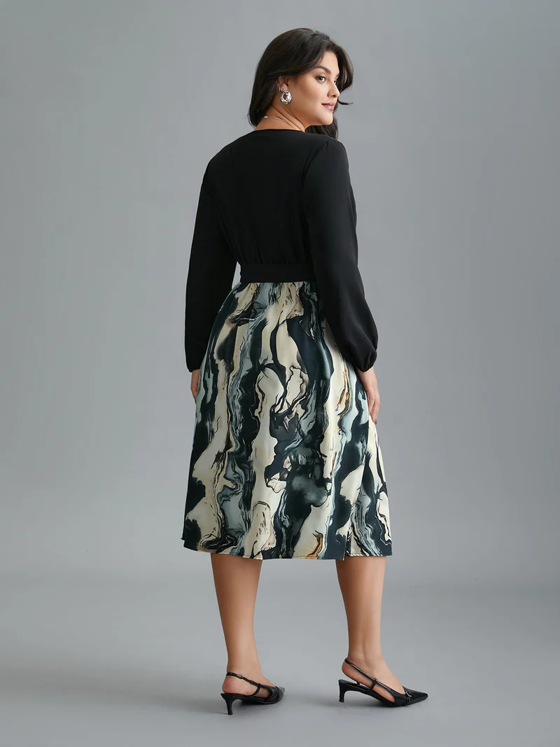 Surplice Neck Marble Print Belted Dress