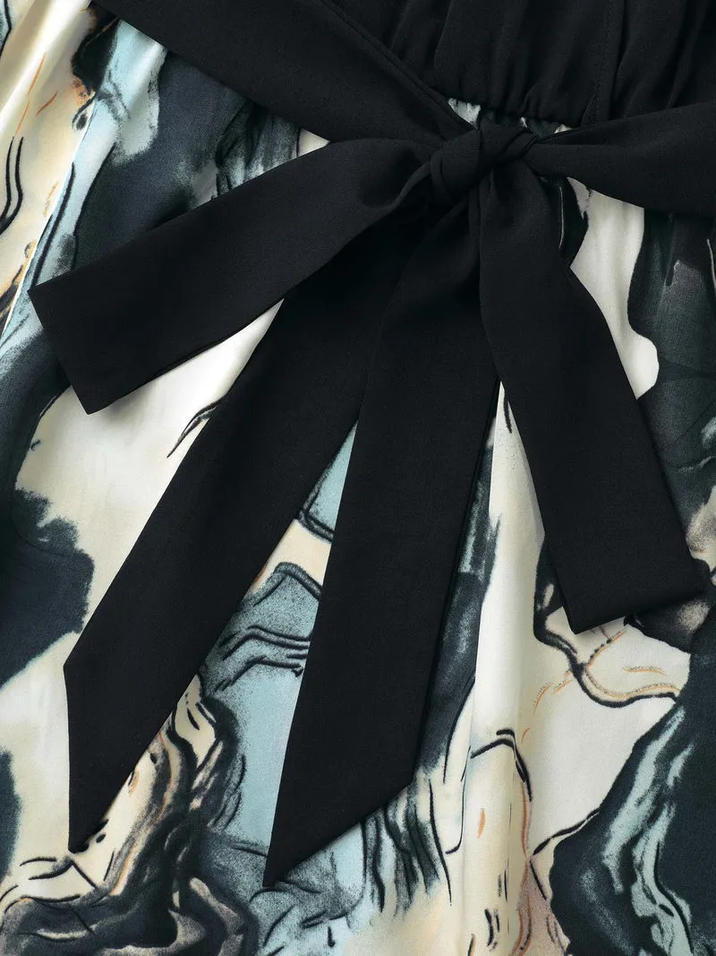 Surplice Neck Marble Print Belted Dress