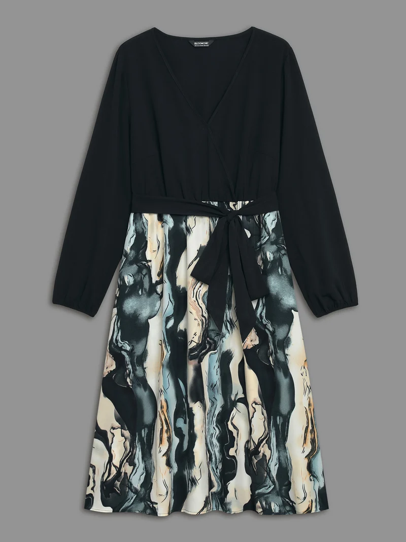 Surplice Neck Marble Print Belted Dress