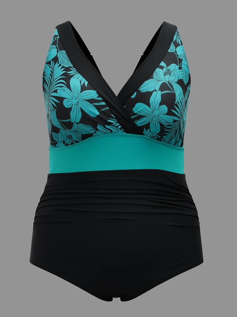 Floral Contrast Cross Front One Piece Swimsuit