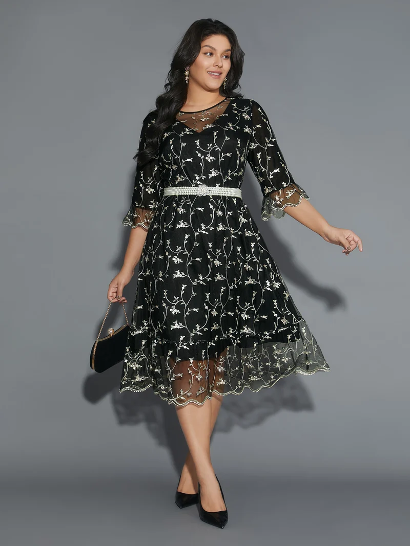 Floral Embroidered Ruffles Mesh Dress
