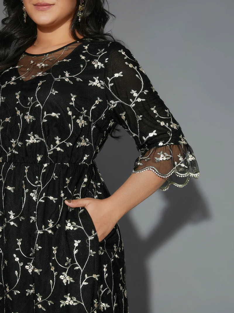 Floral Embroidered Ruffles Mesh Dress