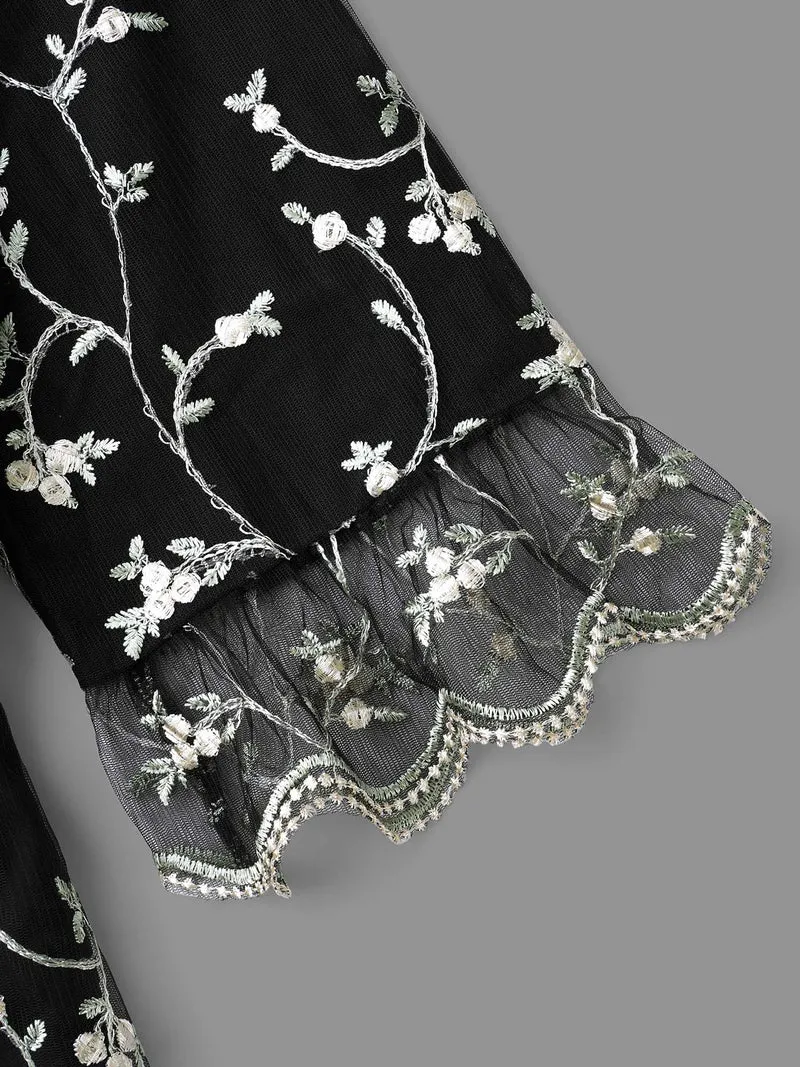 Floral Embroidered Ruffles Mesh Dress
