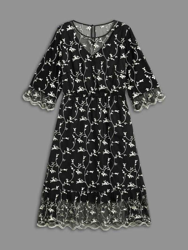 Floral Embroidered Ruffles Mesh Dress