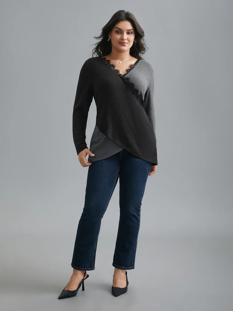 Overlap Collar Lace Trim Stitch T-Shirt