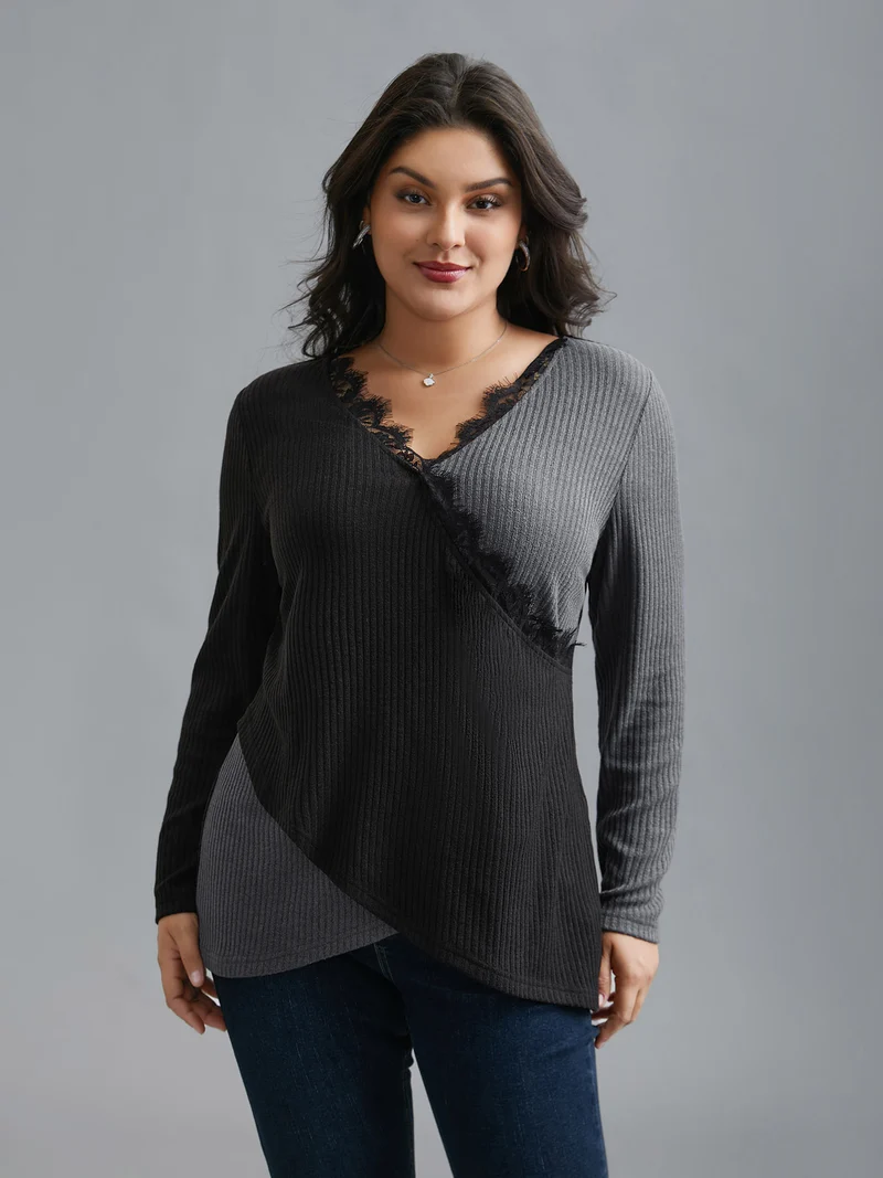Overlap Collar Lace Trim Stitch T-Shirt