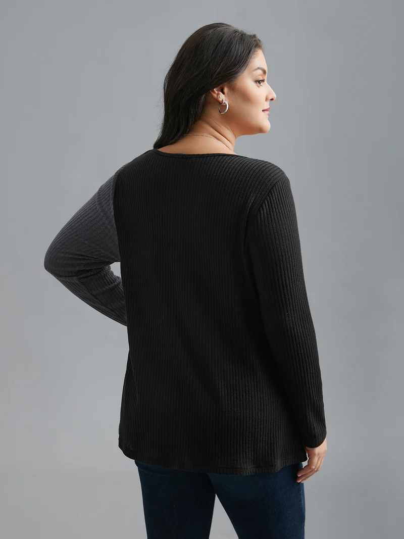 Overlap Collar Lace Trim Stitch T-Shirt