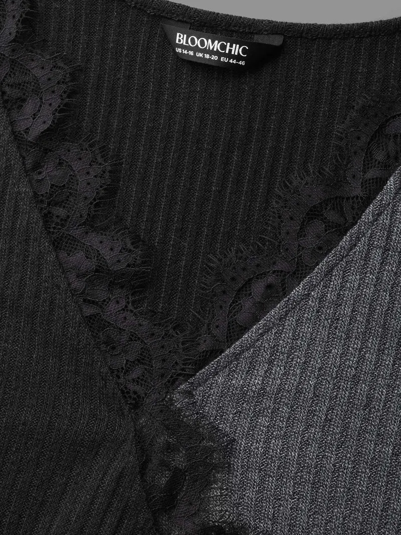 Overlap Collar Lace Trim Stitch T-Shirt