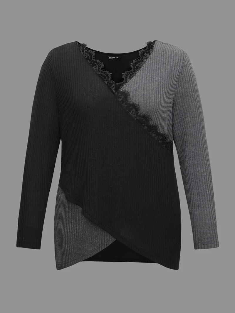 Overlap Collar Lace Trim Stitch T-Shirt