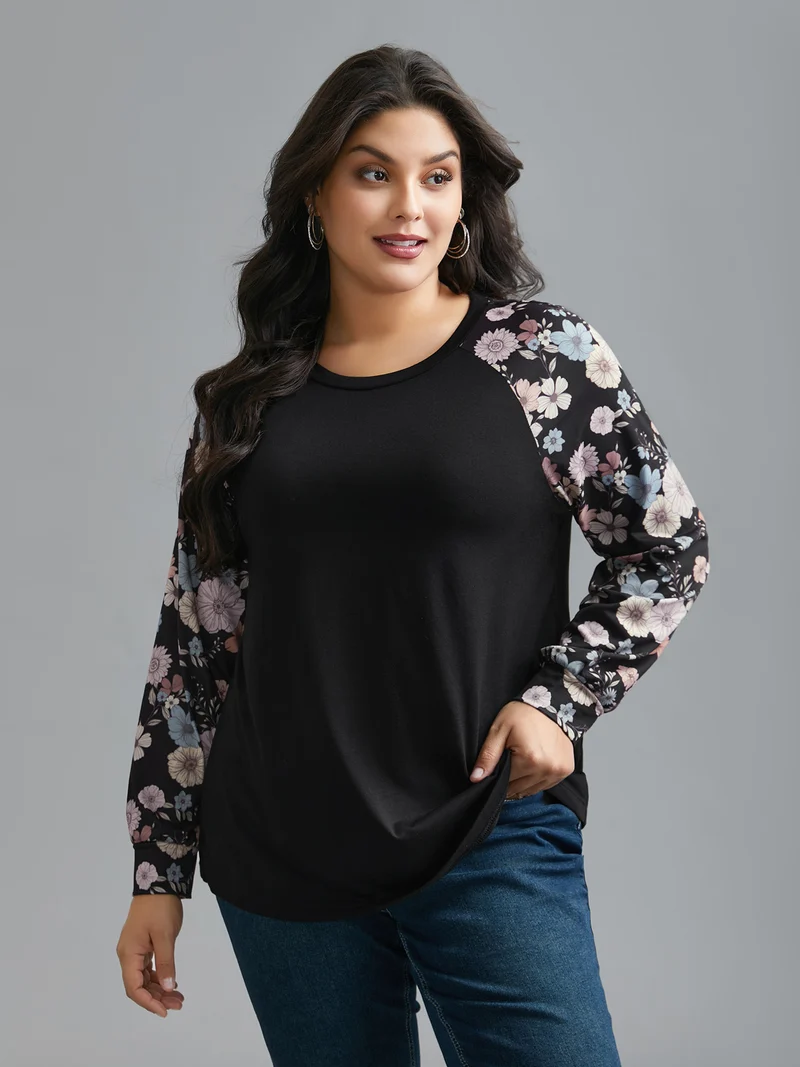Floral Raglan Sleeve Contrast Fabric T-Shirt