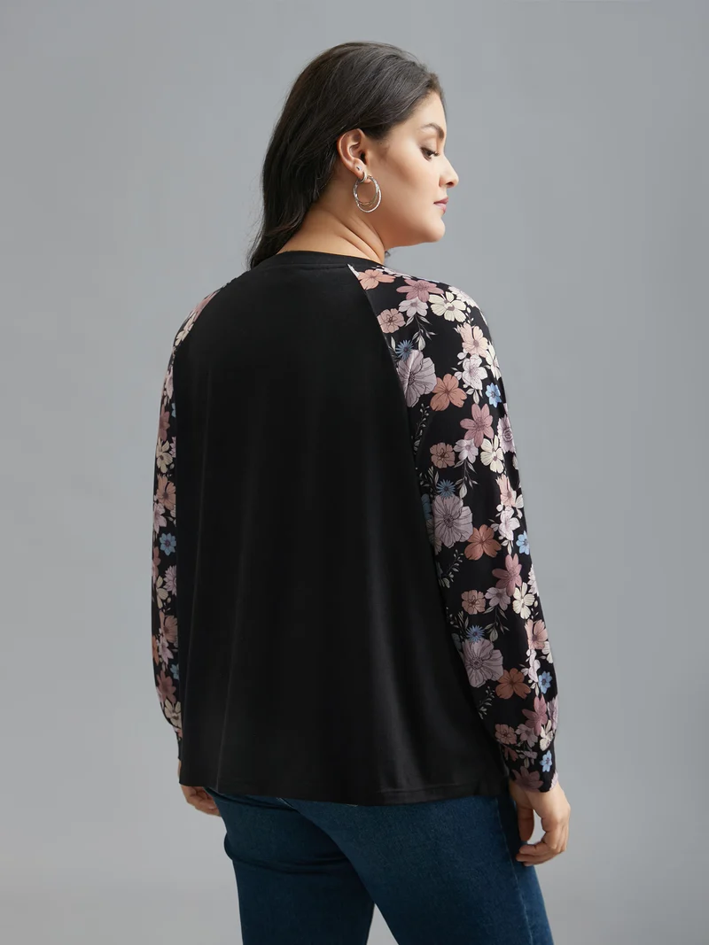 Floral Raglan Sleeve Contrast Fabric T-Shirt