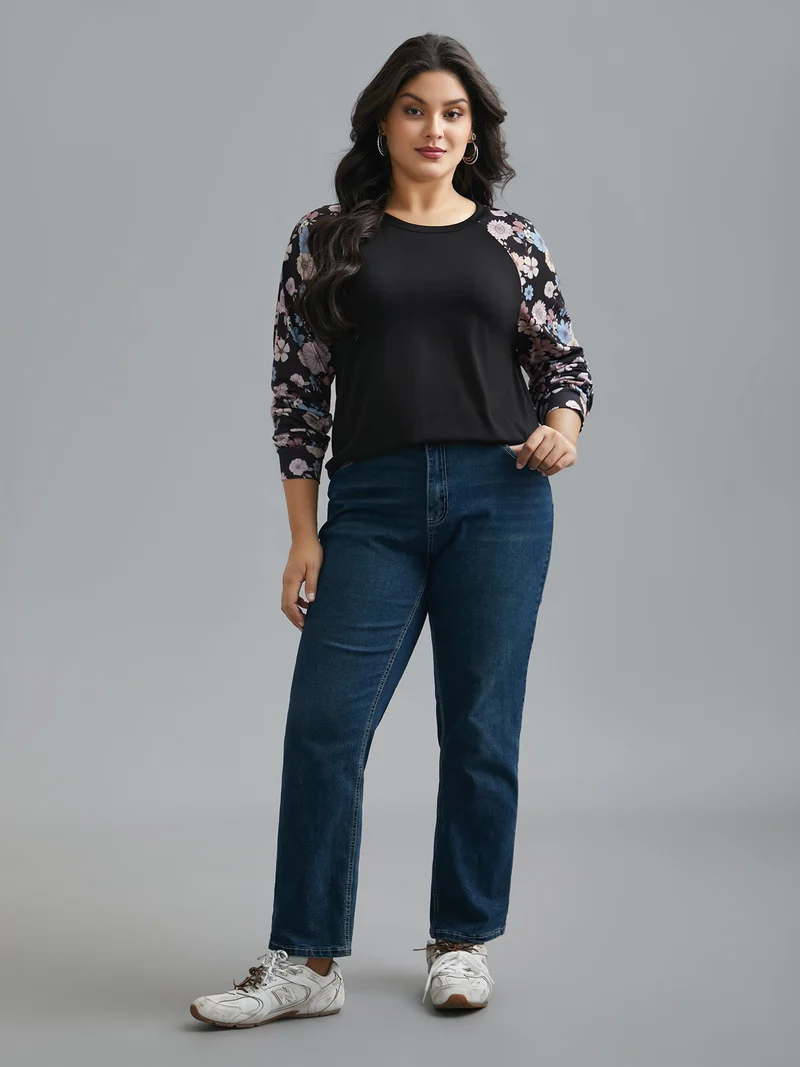 Floral Raglan Sleeve Contrast Fabric T-Shirt