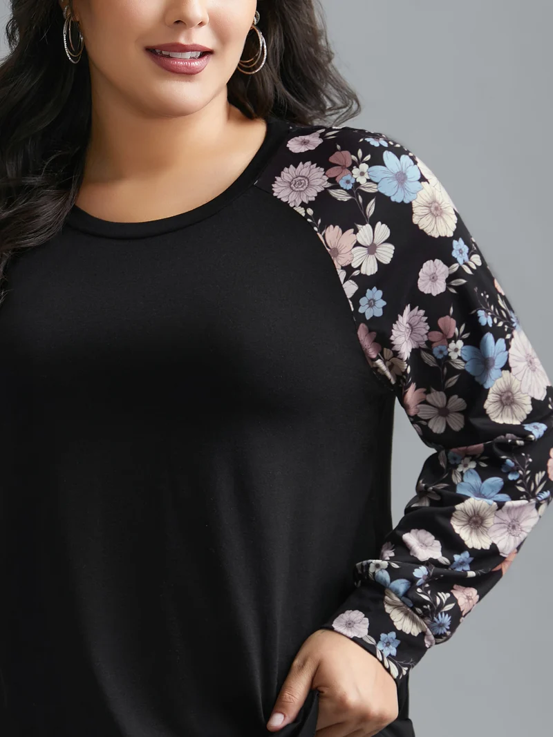 Floral Raglan Sleeve Contrast Fabric T-Shirt
