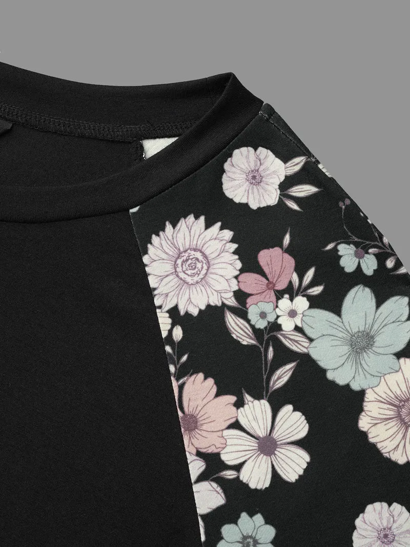 Floral Raglan Sleeve Contrast Fabric T-Shirt