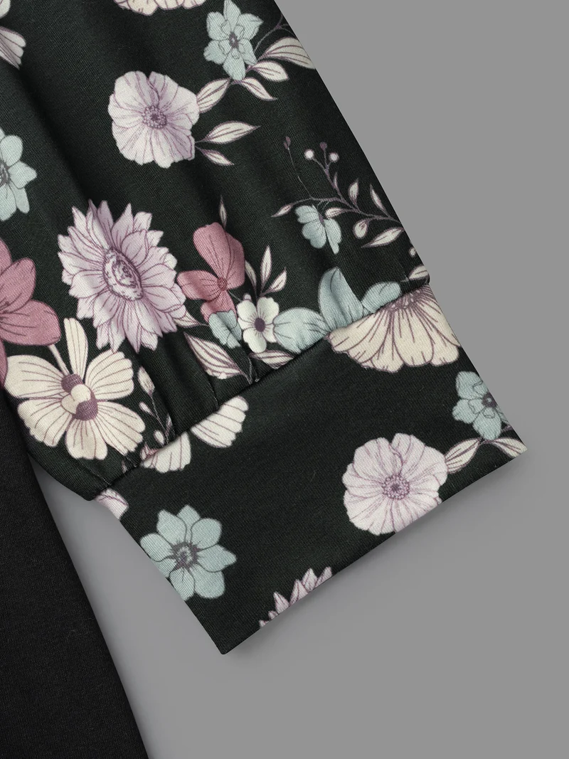 Floral Raglan Sleeve Contrast Fabric T-Shirt