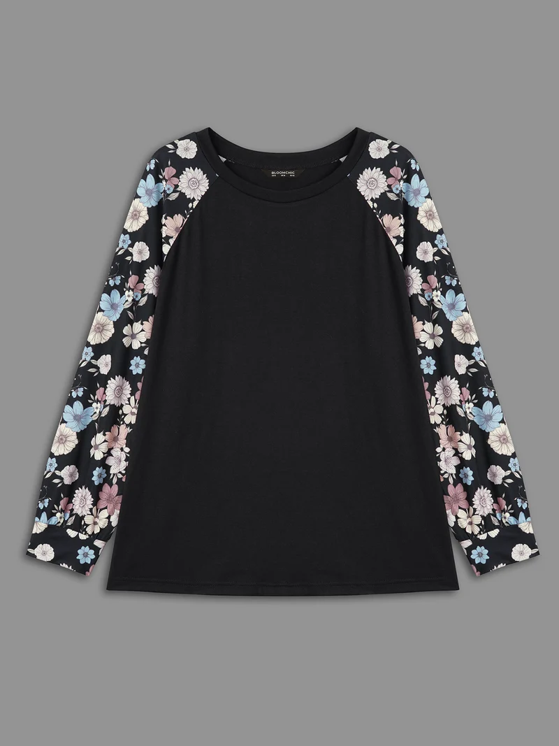 Floral Raglan Sleeve Contrast Fabric T-Shirt