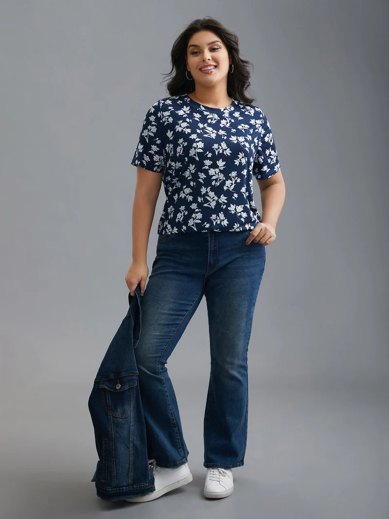 Round Neck Floral Print Fitted T-Shirt